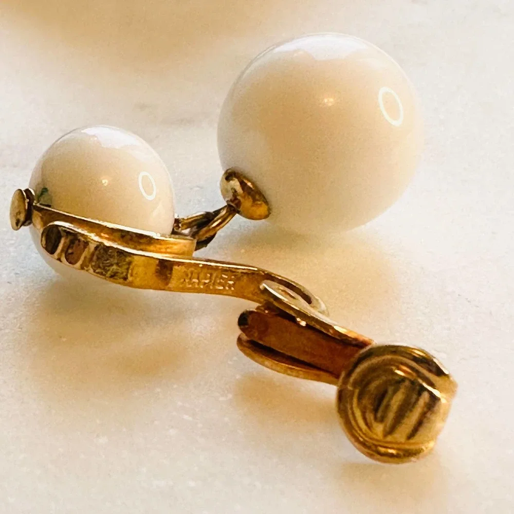 Napier - Vintage Clip Earrings, Gold Plated with Milk Glass Beads - Picture 2 of 5